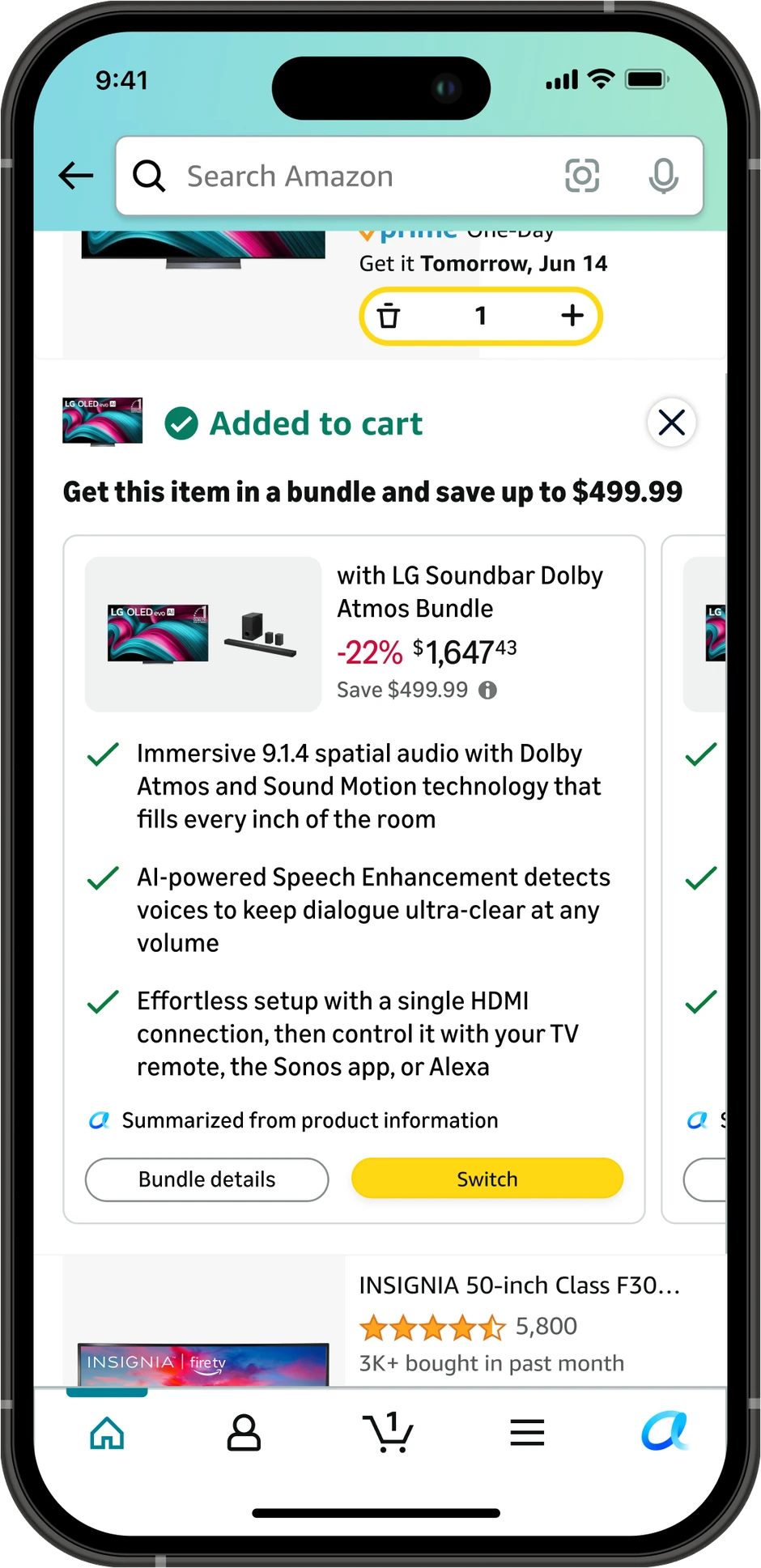 Amazon search results in the app with the add to cart panel open over them. It reads Added to cart, then Get this item in a bundle and save up to $499.99, then a row of bundle cards, the first pairing the television with an LG Dolby Atmos soundbar at 22 percent off. Under the card, three ticked reasons the bundle fits, labelled Summarized from product information, then Bundle details and Switch buttons.