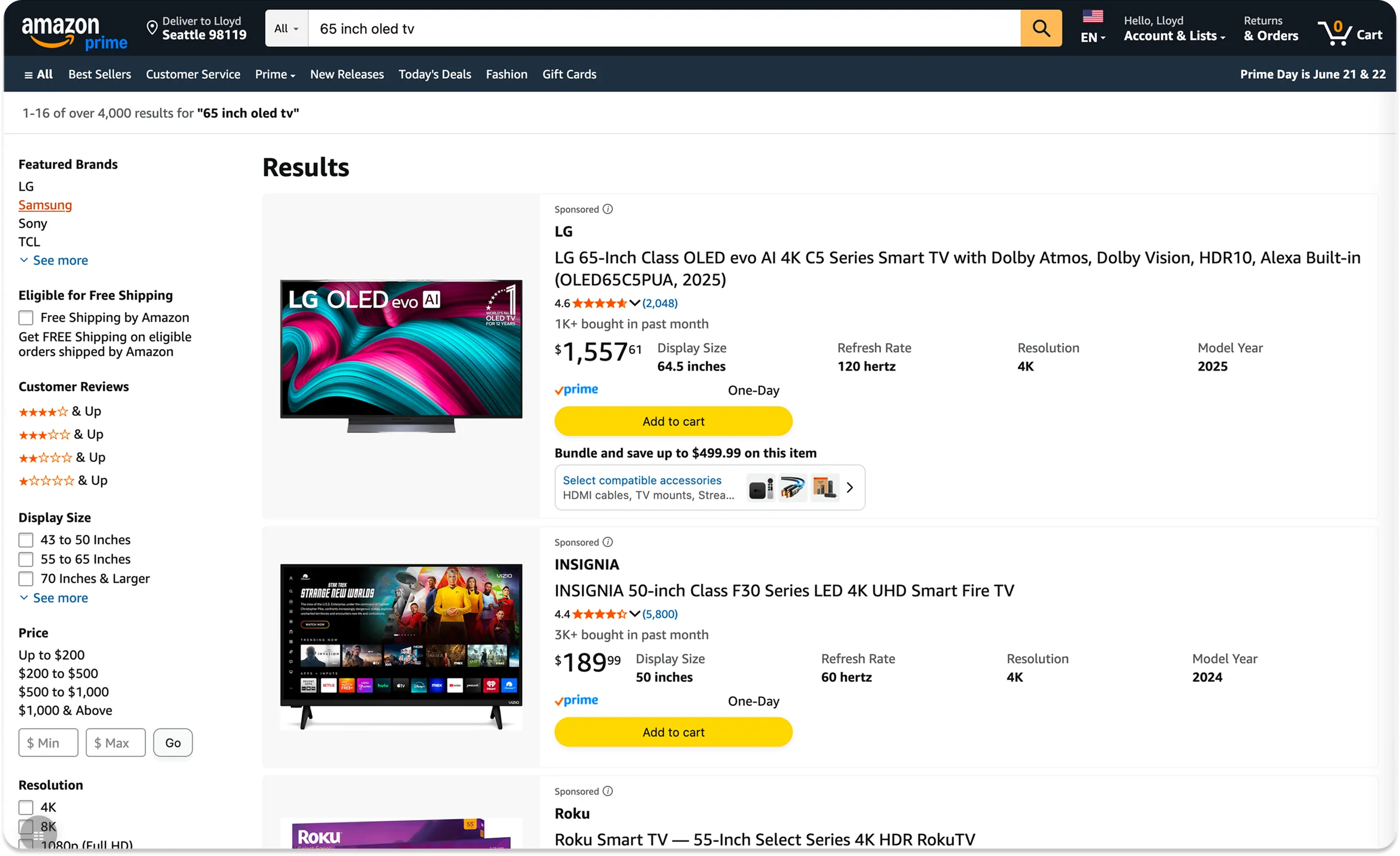 Amazon desktop search results for 65 inch oled tv. The first result, an LG OLED television, carries an extra line reading Bundle and save up to $499.99 on this item, above a strip headed Select compatible accessories with thumbnails of HDMI cables, TV mounts and streaming devices.