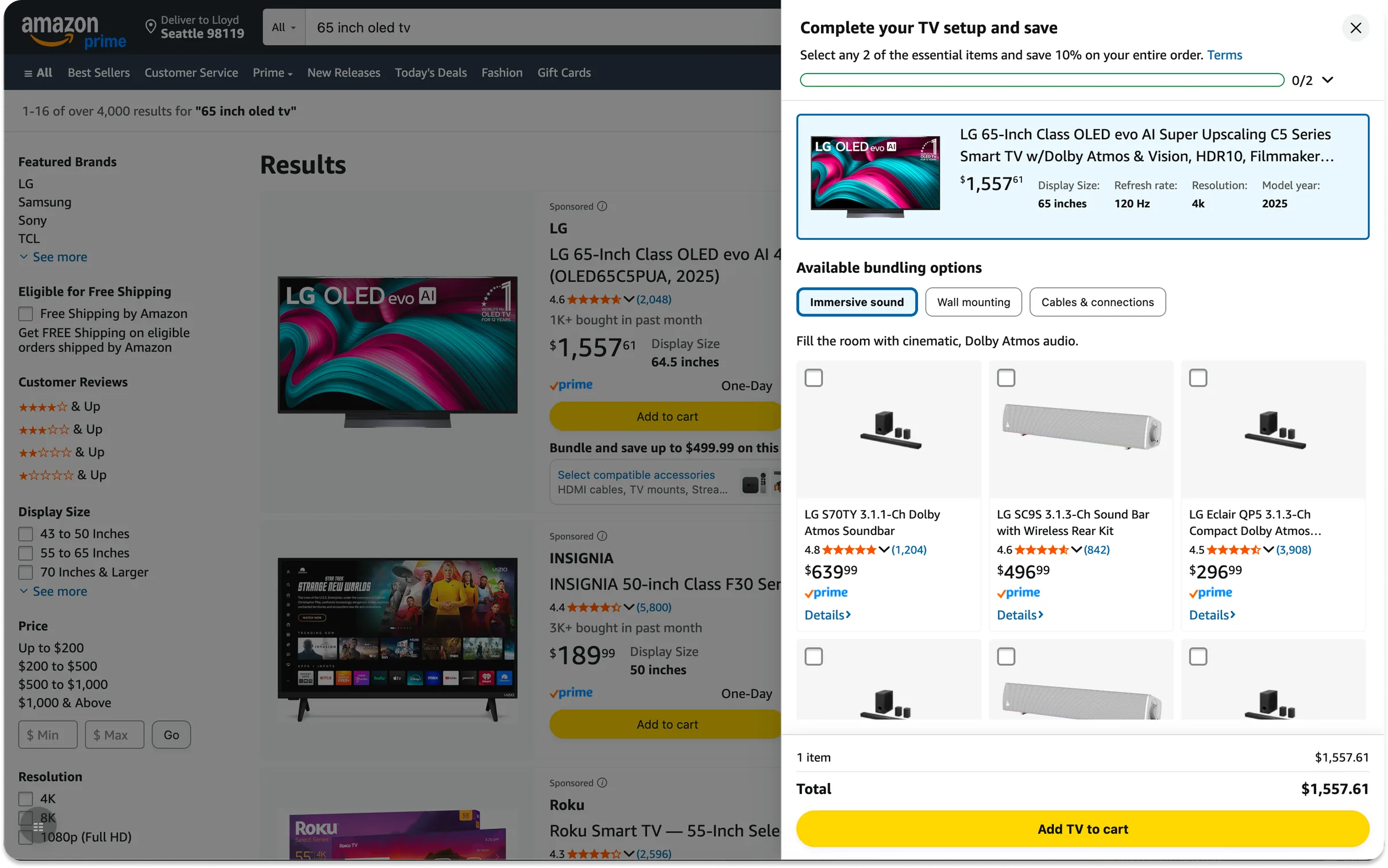 A panel over the same search results, headed Complete your TV setup and save, reading Select any 2 of the essential items and save 10% on your entire order, with an empty progress bar marked 0 of 2. The chosen television is pinned at the top, and below it tabs for Immersive sound, Wall mounting, and Cables and connections show a grid of soundbars, each with a checkbox, rating, price and Details link. A footer totals the order and offers Add TV to cart.