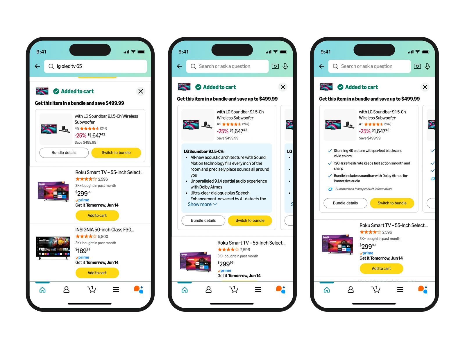 Three phone screens of the Bundle Swap offer in the add to cart panel on Amazon search results. One shows a single bundle card, one a carousel of bundles opened to the seller's specifications, and one the same carousel with those specifications summarized into three benefit lines.