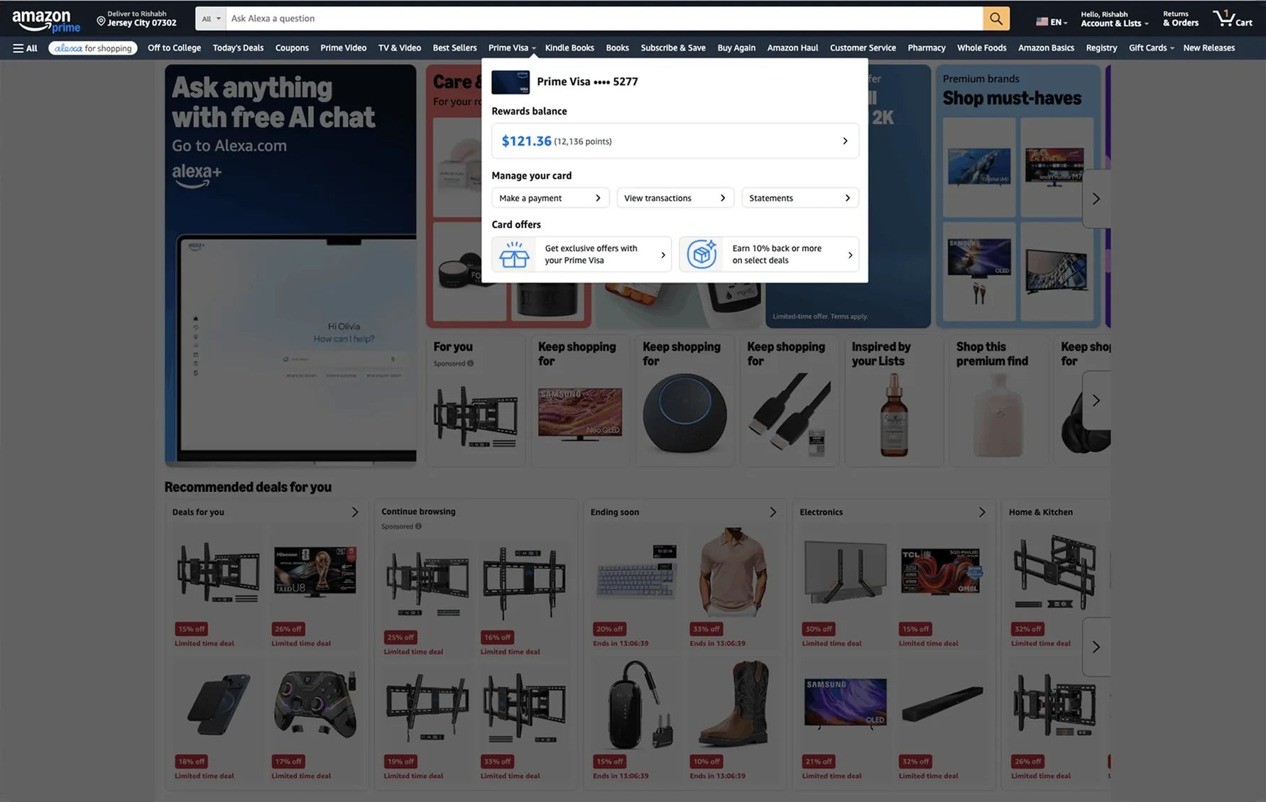 The Amazon desktop home page with a Prime Visa item in the top navigation, its flyout open to show the rewards balance, a Manage your card row with Make a payment, View transactions and Statements, and two card offers.