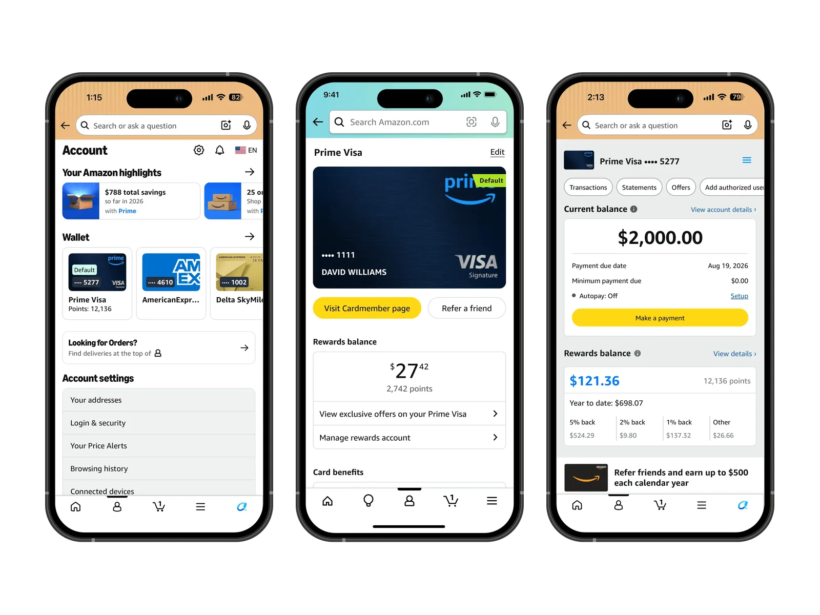 Three phone screens in the order a customer meets them. The Account screen with a new wallet row of card tiles, then the wallet page for the Prime Visa with its rewards balance, then the card dashboard showing current balance, a Make a payment button and recent transactions.