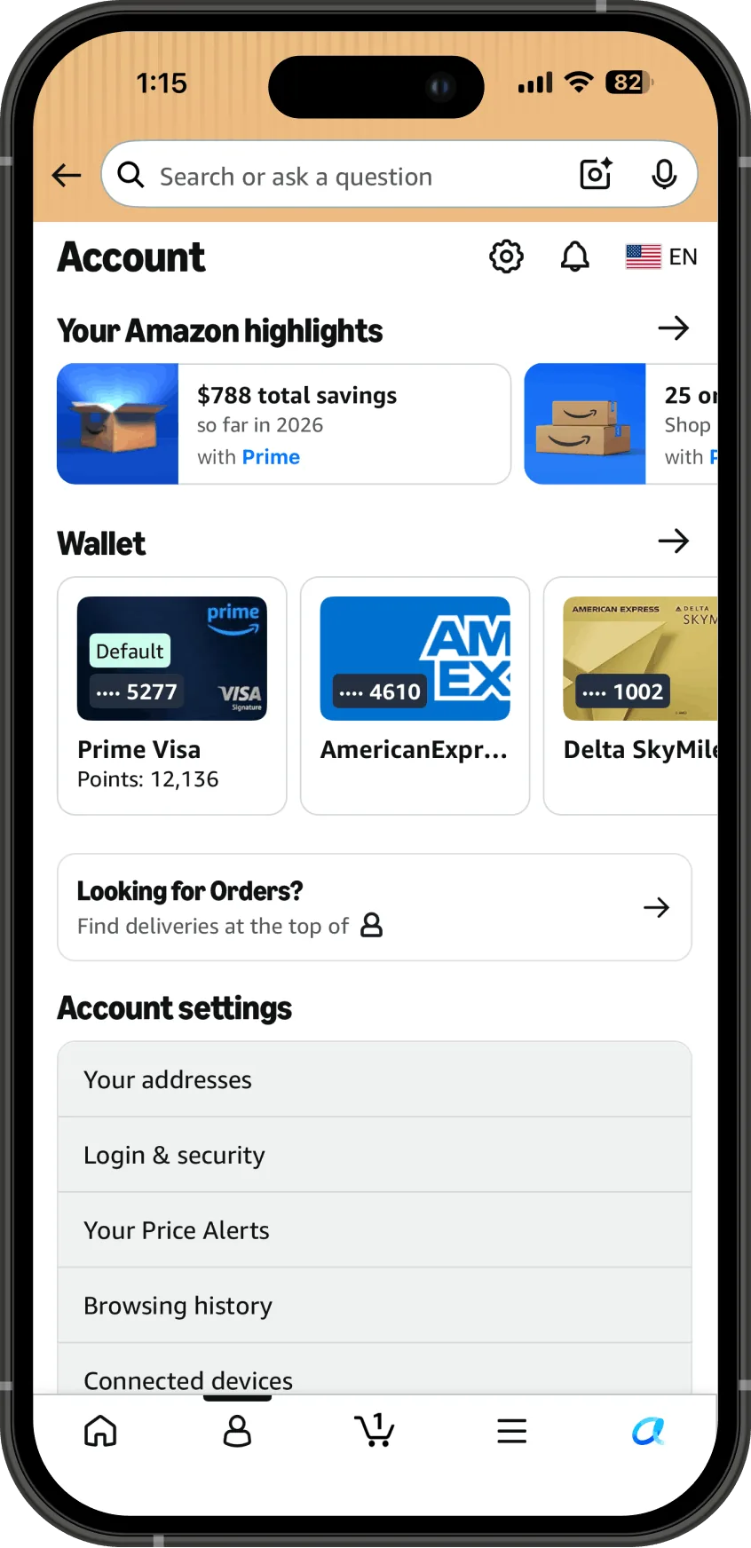 The Account screen in the Amazon app with a new Wallet section: a horizontal row of card tiles showing the Prime Visa marked as default with its points balance, alongside other saved cards, above account settings.
