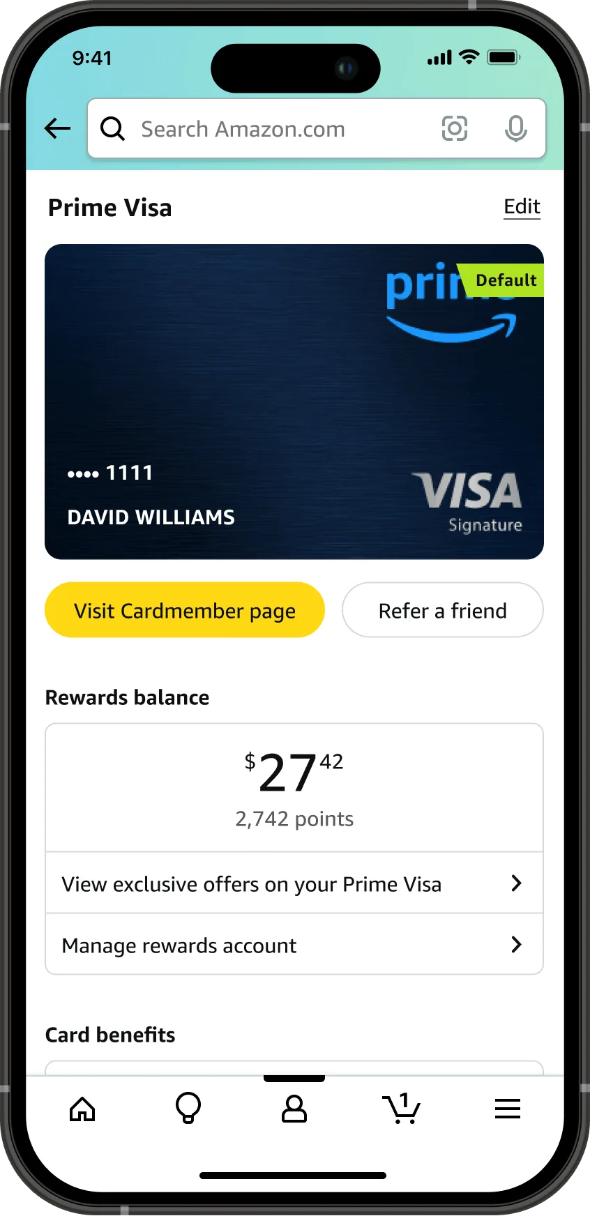 The improved wallet page for the Prime Visa, showing the card art marked as default, a Visit Cardmember page button next to Refer a friend, a rewards balance of 27 dollars 42 cents, and links to exclusive offers and to manage the rewards account.