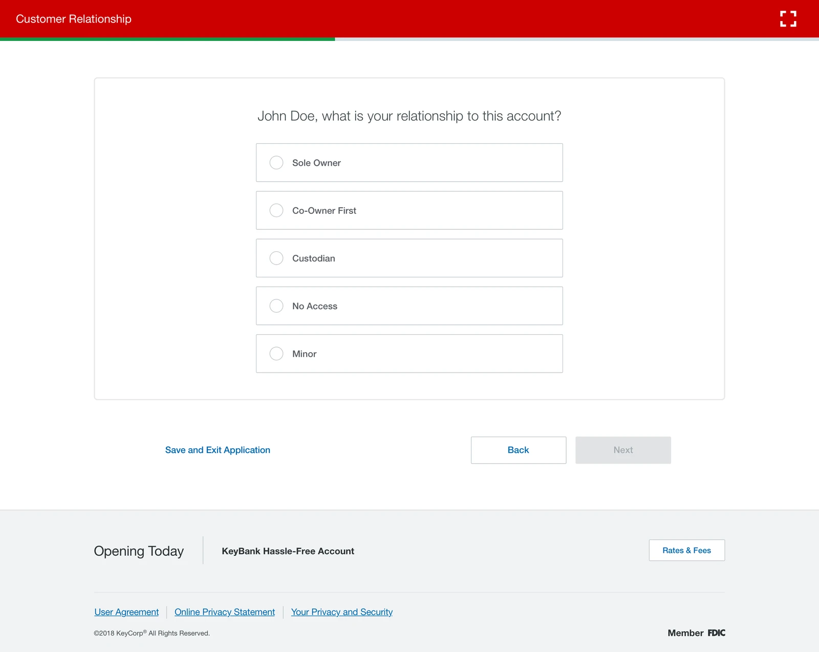Customer Relationship. The question John Doe, what is your relationship to this account, with radio options Sole Owner, Co-Owner First, Custodian, No Access and Minor, and Back and Next buttons with Next disabled.