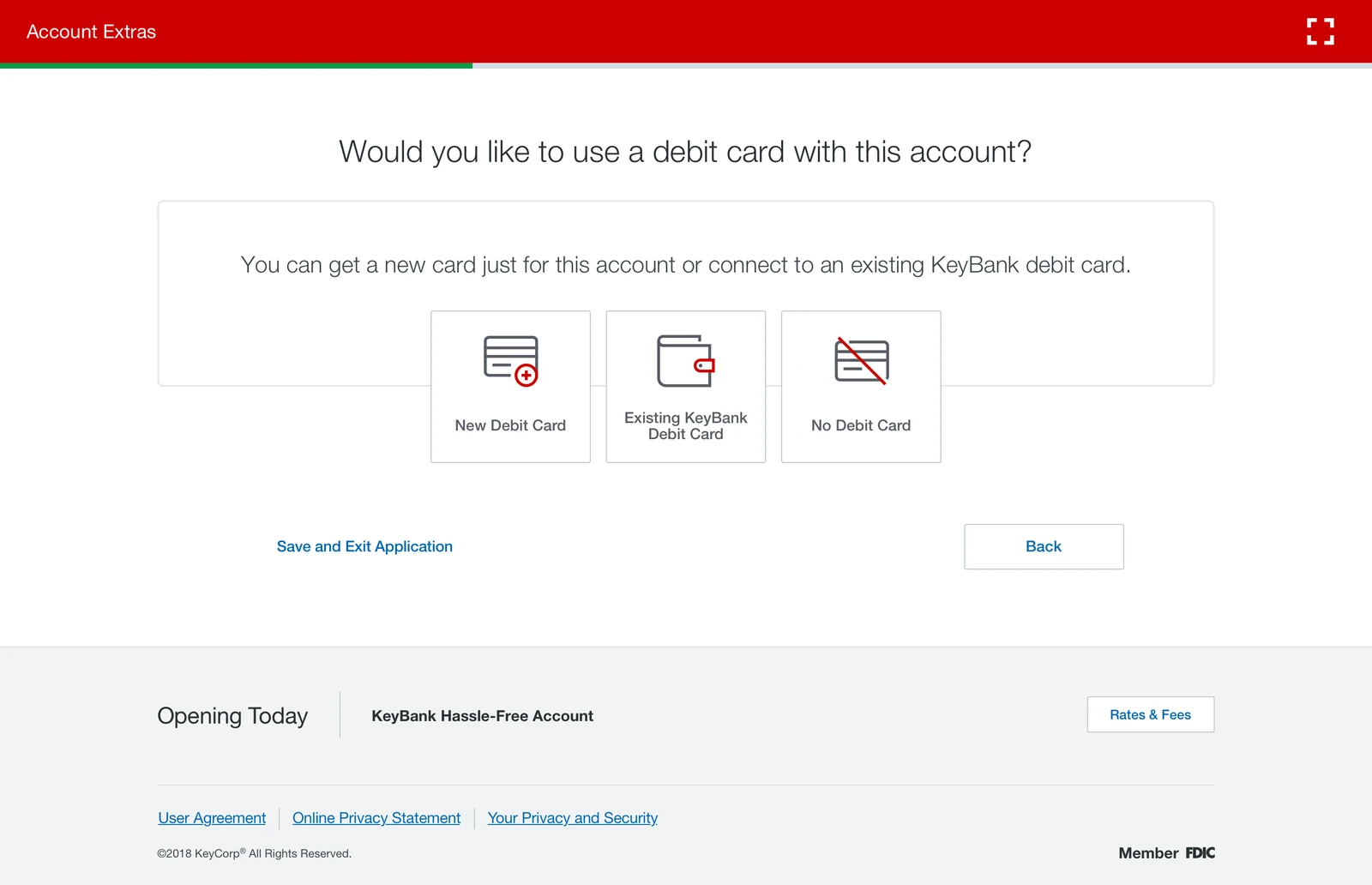 Account Extras. Would you like to use a debit card with this account, explaining a customer can get a new card just for this account or connect to an existing KeyBank debit card, with three illustrated choices, New Debit Card, Existing KeyBank Debit Card and No Debit Card.