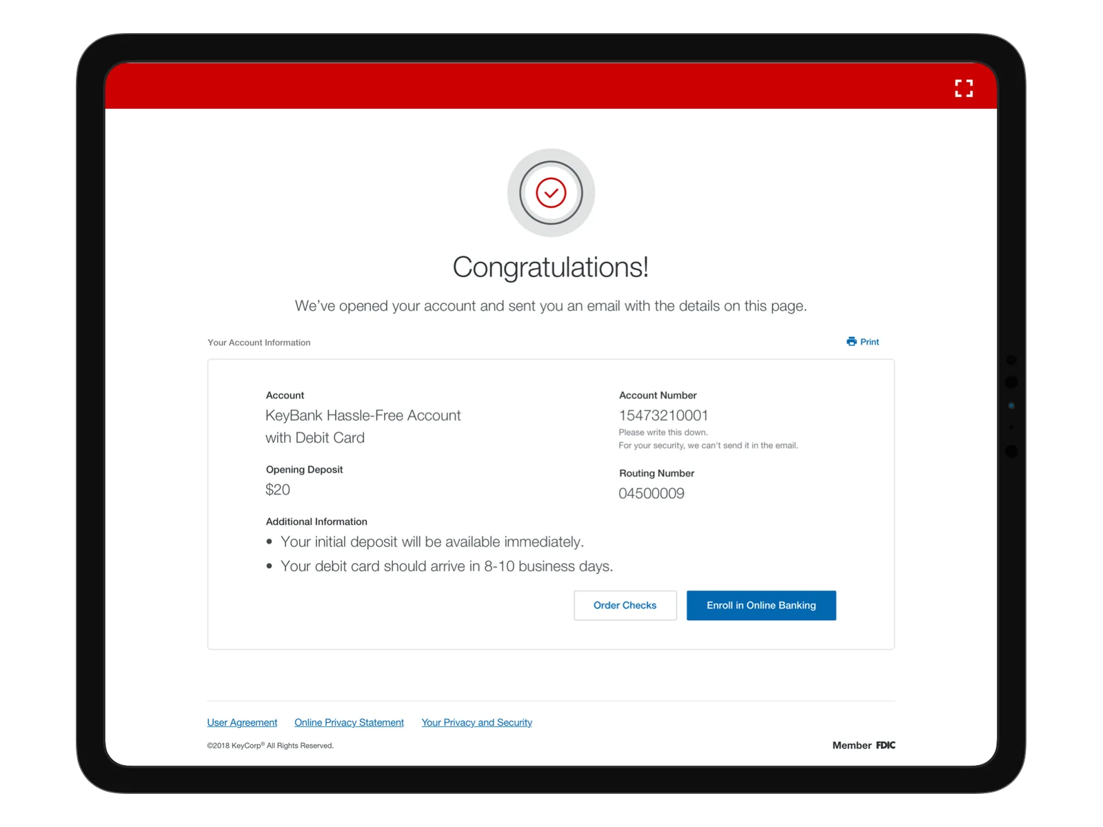The confirmation screen of the redesigned KeyBank account opening flow on a tablet, reading Congratulations above the new account number, routing number, and opening deposit