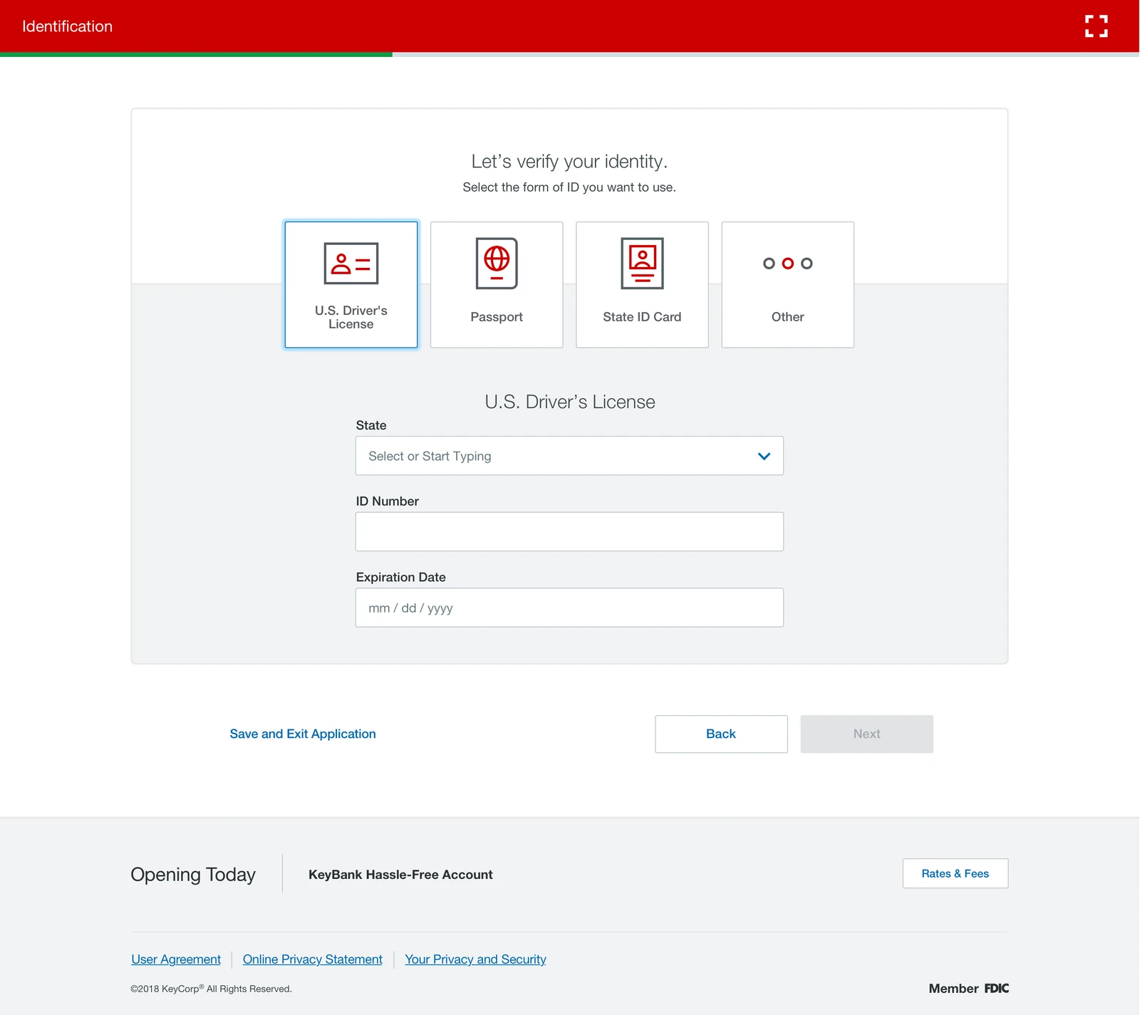 Identification. Let's verify your identity, select the form of ID you want to use, with four large choices, U.S. Driver's License, Passport, State ID Card and Other, the first selected, revealing State, ID Number and Expiration Date fields below.