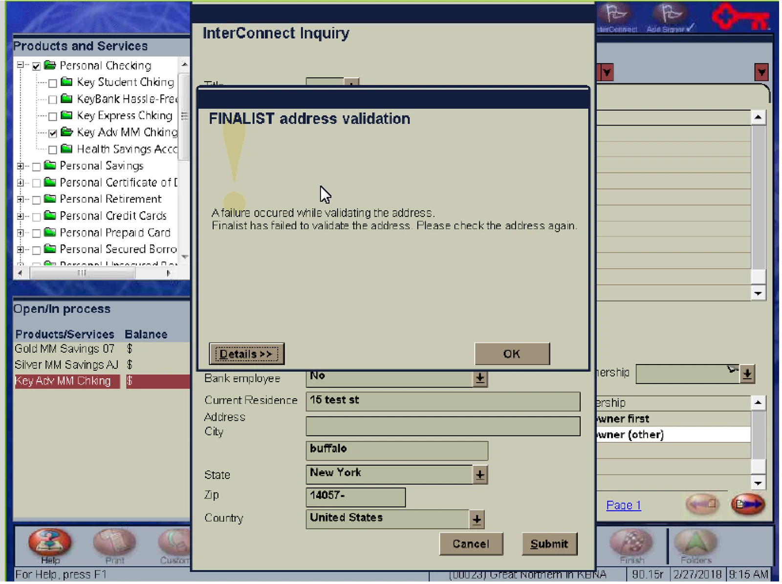 The same legacy system with a modal titled InterConnect Inquiry over it, reading Finalist address validation, a failure occurred while validating the address, Finalist has failed to validate the address, please check the address again, above a form of residence, address, city, state, zip and country fields with Cancel and Submit buttons.