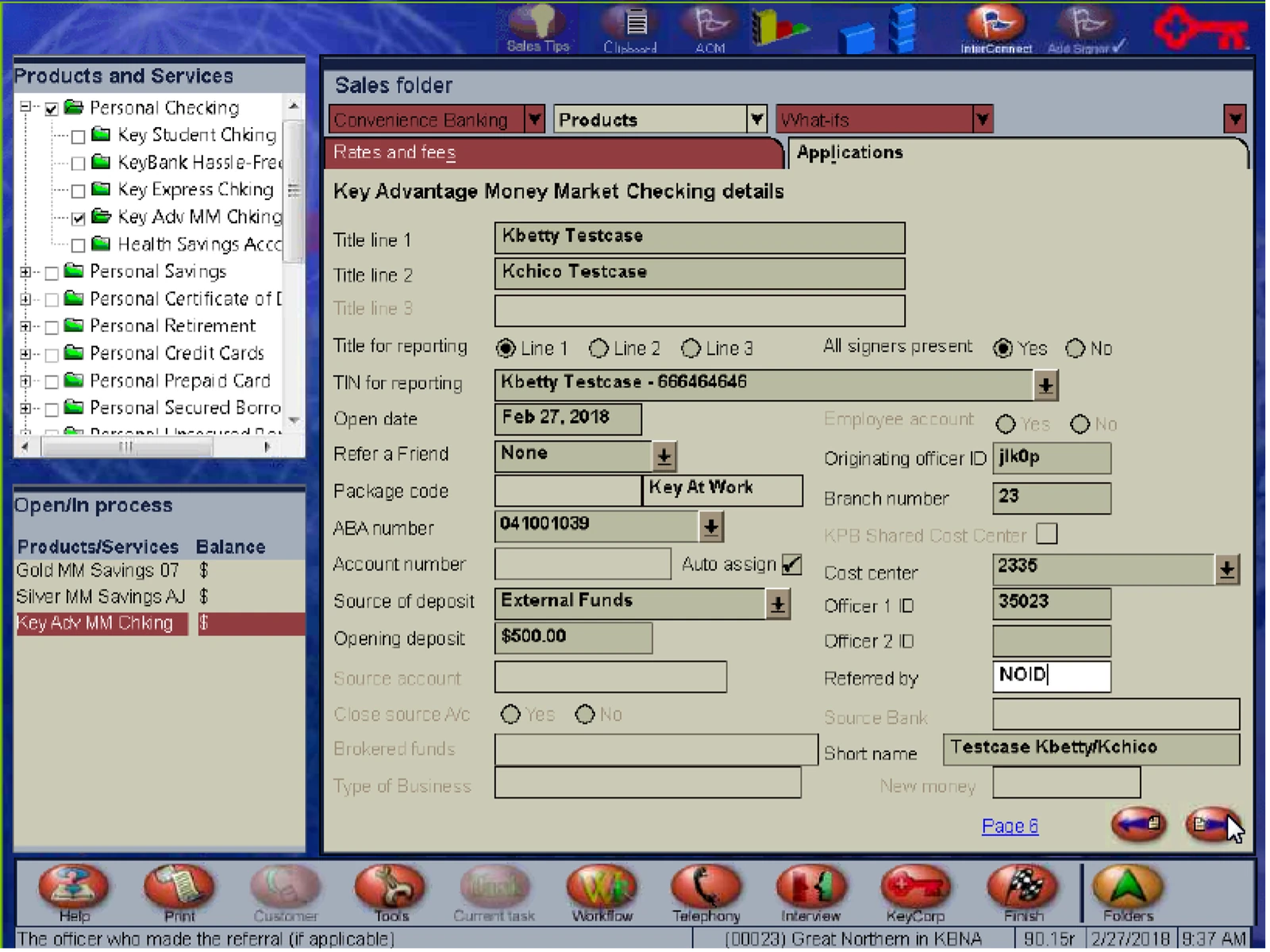 Key Counselor, the system being replaced. A dense Windows application with a products and services tree on the left, a Sales folder pane of tabs, and a Key Advantage Money Market Checking details form of roughly thirty small fields covering titles, signers, deposit source, branch and officer numbers, over a strip of icon buttons along the bottom.