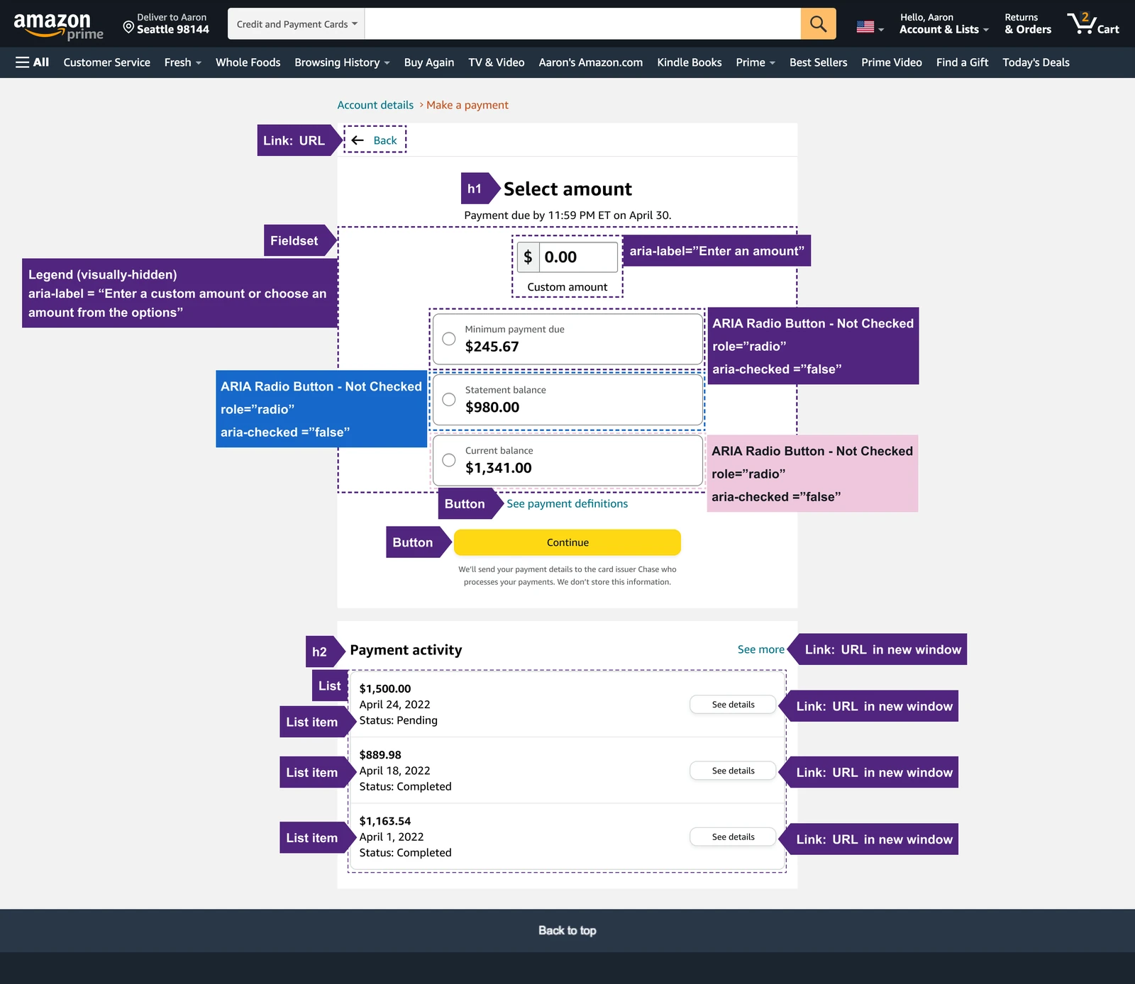 An annotated desktop layout of the pay bill flow, with labelled callouts marking reading order, ARIA radio button roles, checked and unchecked states, accessible names, and which links open in a new window