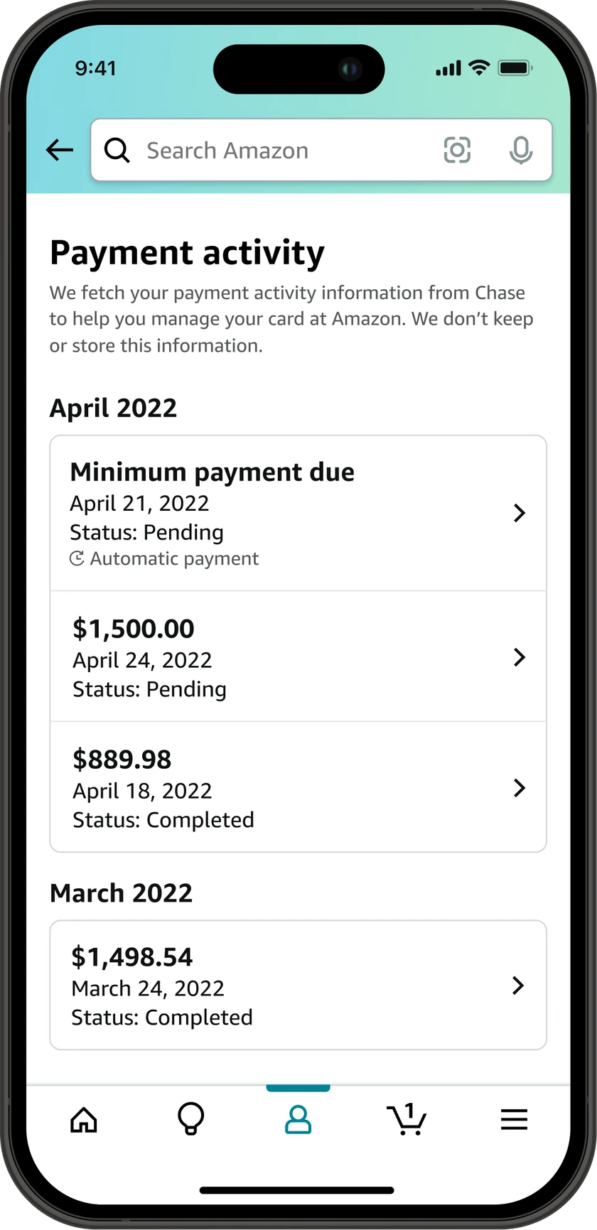 Payment activity screen grouping payments by month, each row showing amount, date, and a status of pending or completed, with automatic payments marked