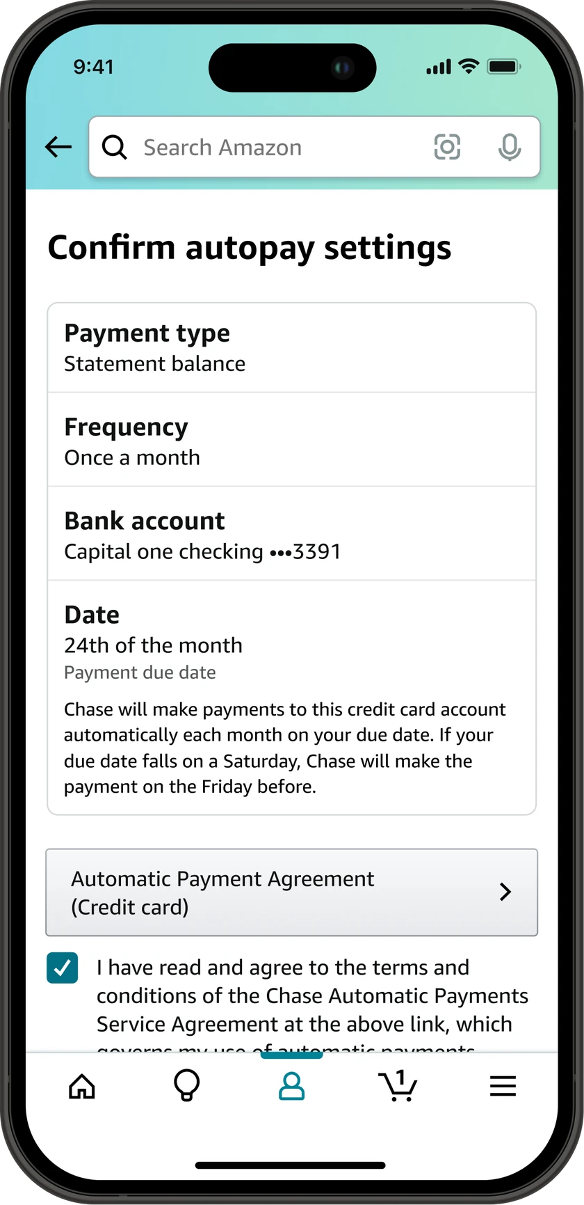 Confirm autopay settings screen listing payment type, frequency, bank account, and payment date, with a link to the automatic payment agreement and a checked agreement box