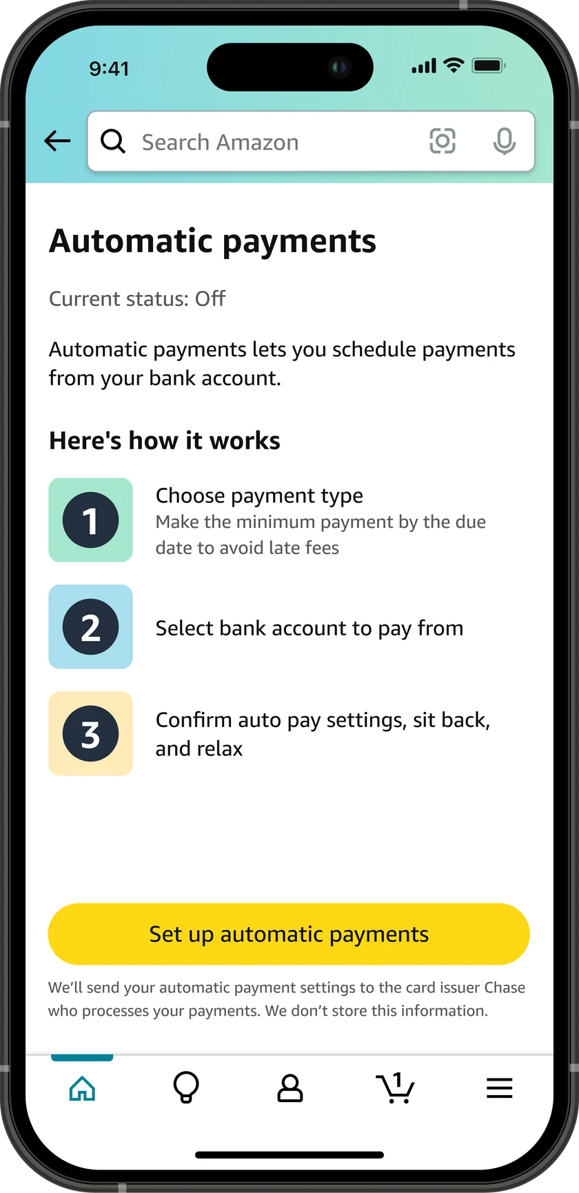 Automatic payments screen showing current status off, a three step explanation of how enrollment works, and a Set up automatic payments button