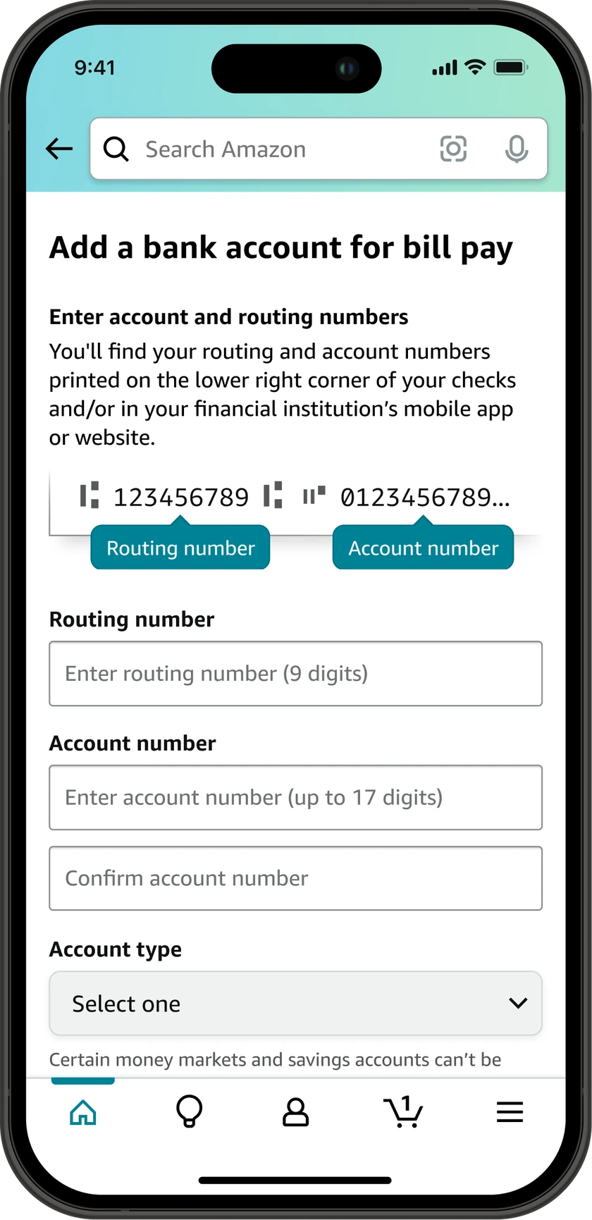 Add a bank account screen with a diagram of a paper check labelling which number is the routing number and which is the account number, above fields for both