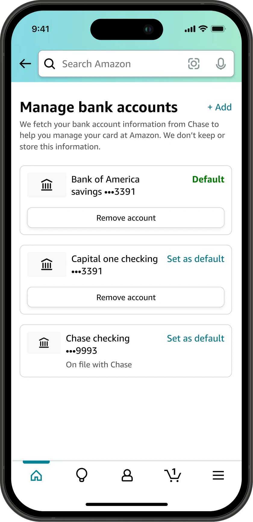 Manage bank accounts screen listing three saved accounts, each with a default marker or a set as default action, and a remove account button