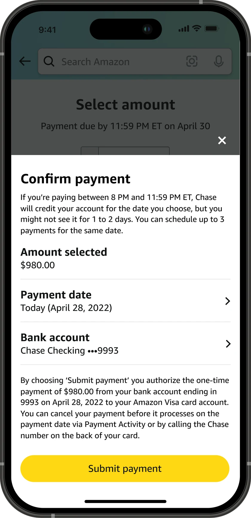 Confirm payment sheet showing the amount selected, the payment date, the bank account, the 8 PM cutoff, and a Submit payment button