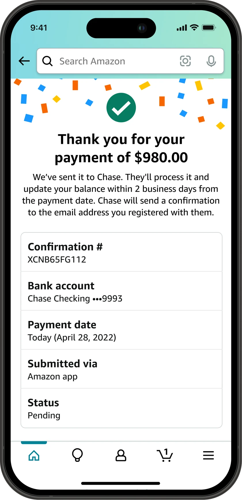 Payment submitted screen with a green check, the words thank you for your payment of 980 dollars, and a summary listing confirmation number, bank account, payment date, and status pending