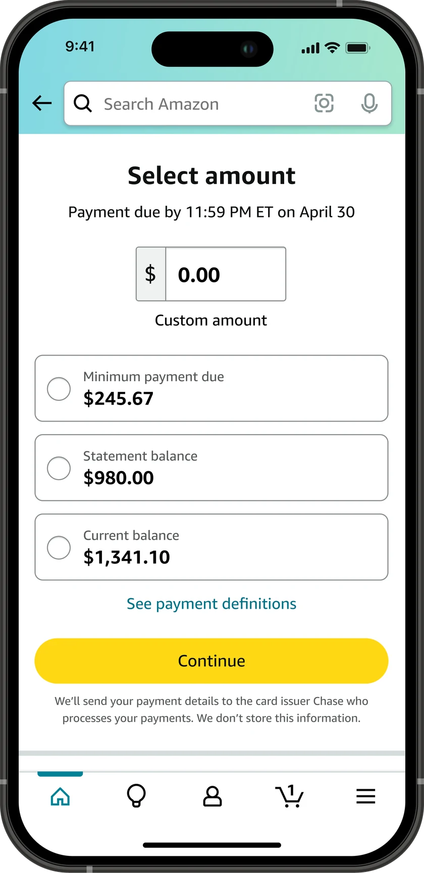The Select amount step in the Amazon app, with a custom amount field above three options, minimum payment due, statement balance, and current balance, and a Continue button.