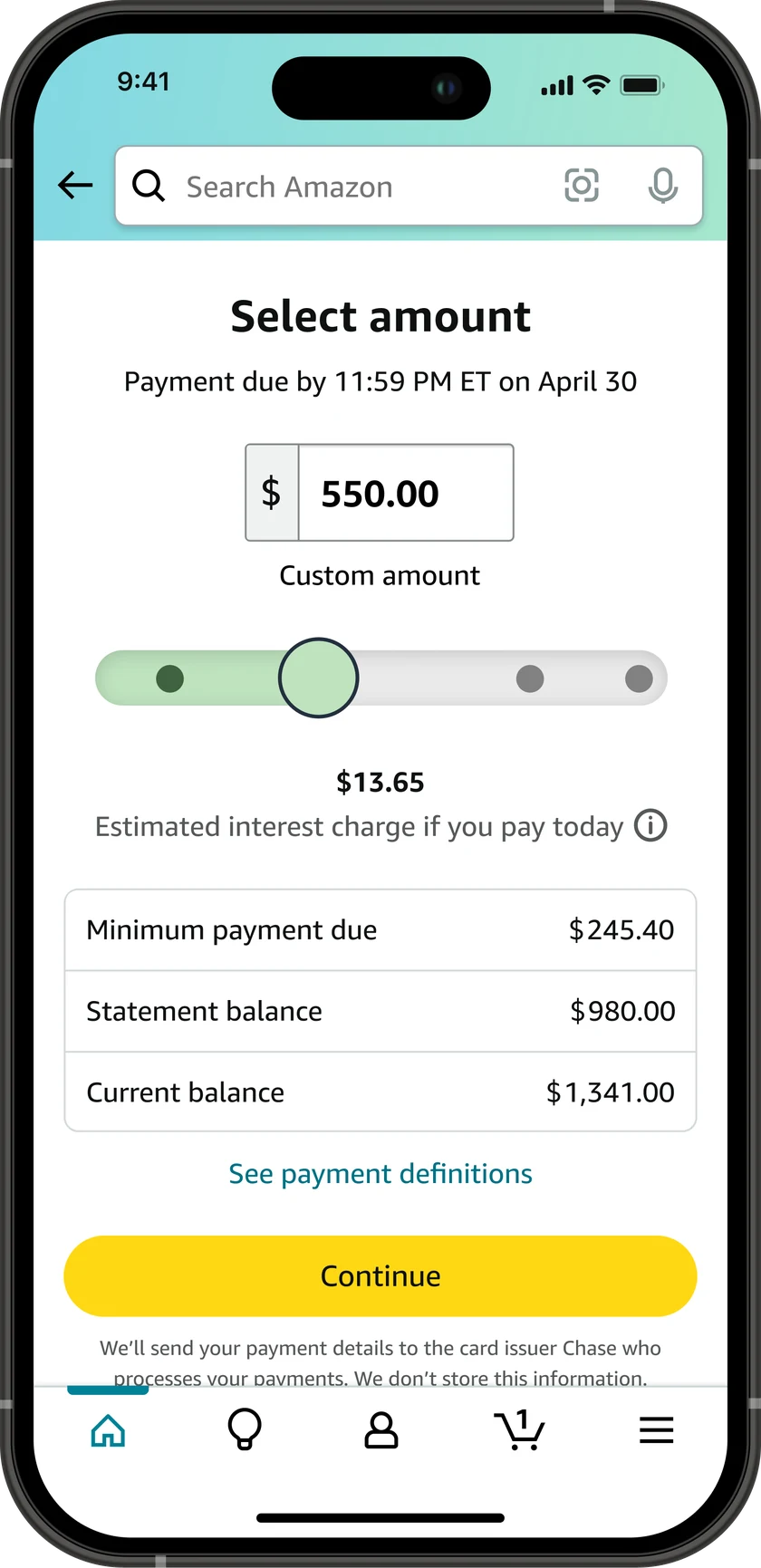 The same Select amount step with a slider under the amount field, snapping between the minimum due, statement balance, and current balance, and an estimated interest charge of 13 dollars 65 cents below it