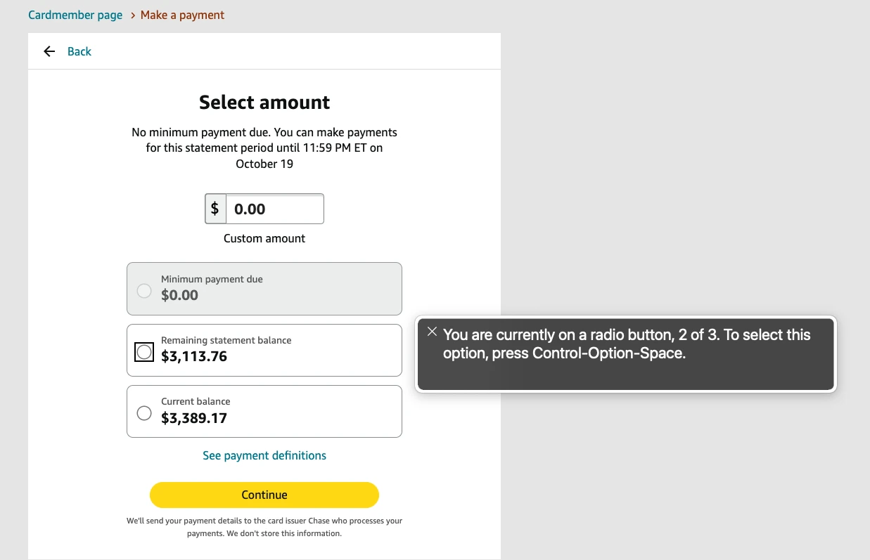 The Select amount step of the pay bill flow on amazon.com, with a VoiceOver caption reading: you are currently on a radio button, 2 of 3. To select this option, press Control-Option-Space.