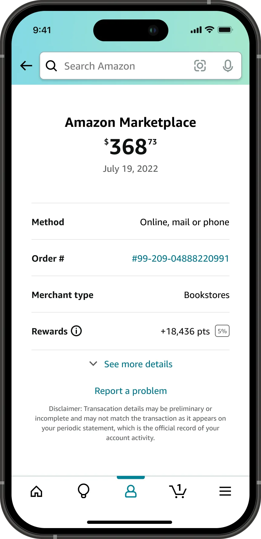 A transaction detail screen for a 368 dollar 73 cent Amazon Marketplace charge on July 19, 2022, listing the method as online mail or phone, an order number shown as a link, the merchant type, and 18,436 rewards points earned at 5 percent.
