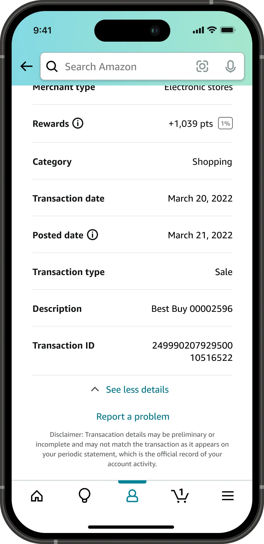 The same Best Buy transaction with details expanded, adding the posted date, transaction type, description, and a transaction identification number, above a Report a problem link and a disclaimer that details may be preliminary and that the periodic statement is the official record.