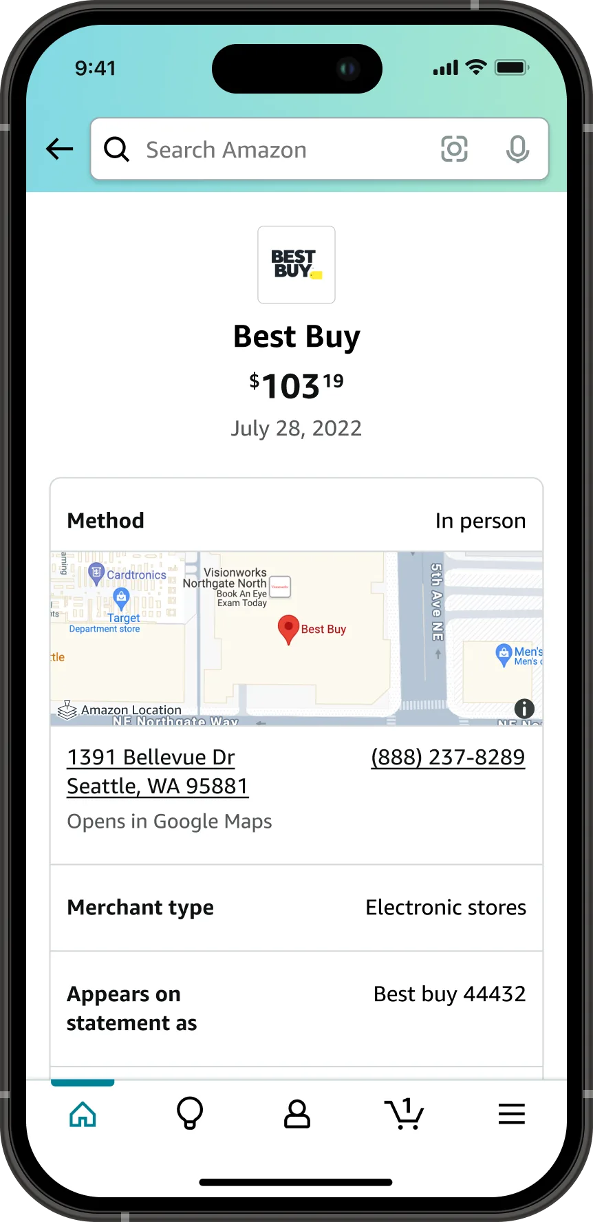A transaction detail screen at the second release for a 103 dollar 19 cent Best Buy charge, with the merchant logo, a map of the store location, the street address as a link that opens in Google Maps with a phone number, the merchant type, and the name the charge appears under on the statement.