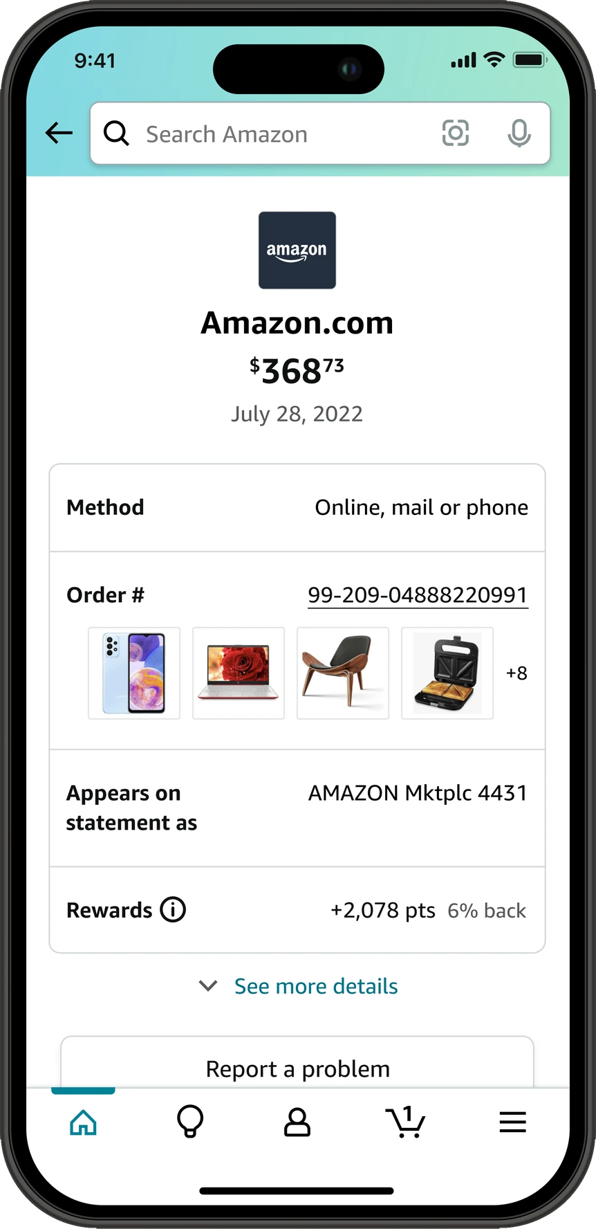 A transaction detail screen at the third release for a 368 dollar 73 cent Amazon.com charge. Under the order number are thumbnails of four items from the order and a plus 8 for the rest, and the rewards row reads plus 2,078 points with 6 percent back beside it.
