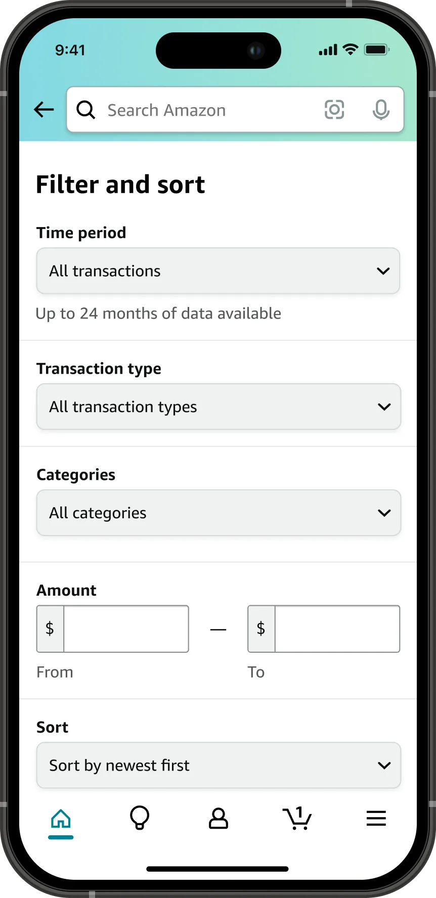 The Filter and sort panel, with a time period selector noting up to 24 months of data available, a transaction type selector, a categories selector, an amount range with From and To fields, and a sort control set to newest first.