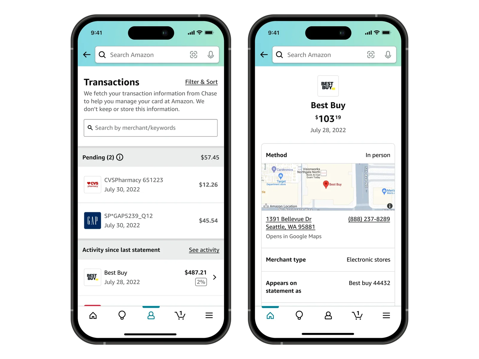 Two phone screens. The Amazon Visa transactions list with merchant logos, pending charges and a Filter and Sort control, next to a transaction detail showing the merchant logo, a map of the store location and the name the charge appears under on the statement.