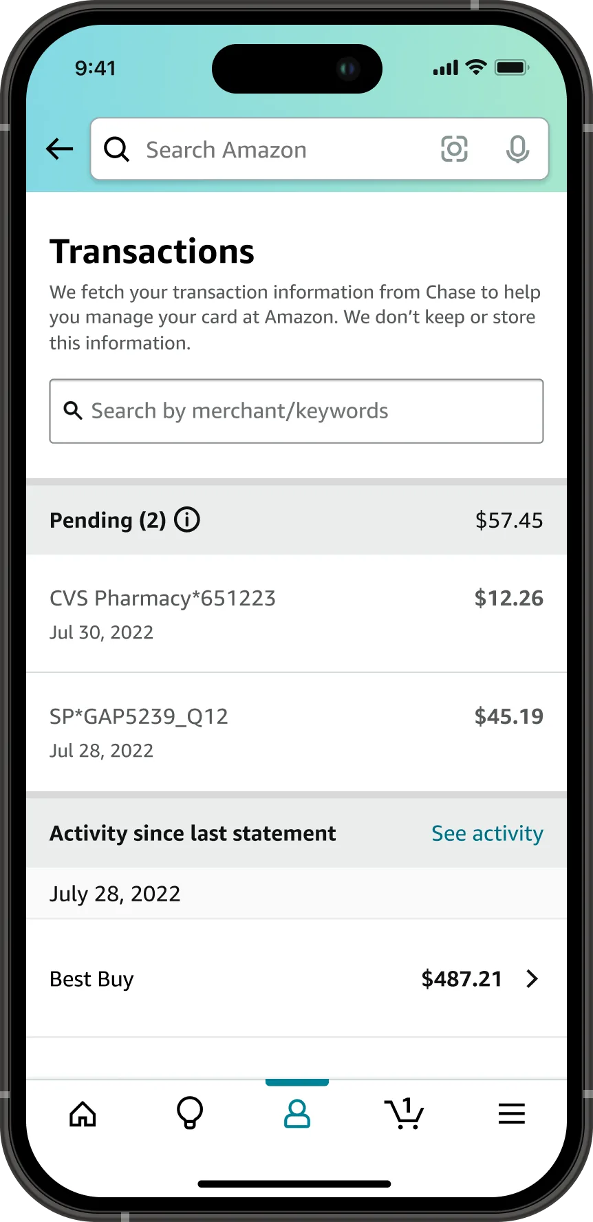 The Transactions screen at the first release, with a note that transaction information is fetched from Chase and not stored, a search by merchant or keywords field, a Pending section totalling 57 dollars 45 cents, and Activity since last statement listing a 487 dollar 21 cent Best Buy charge.