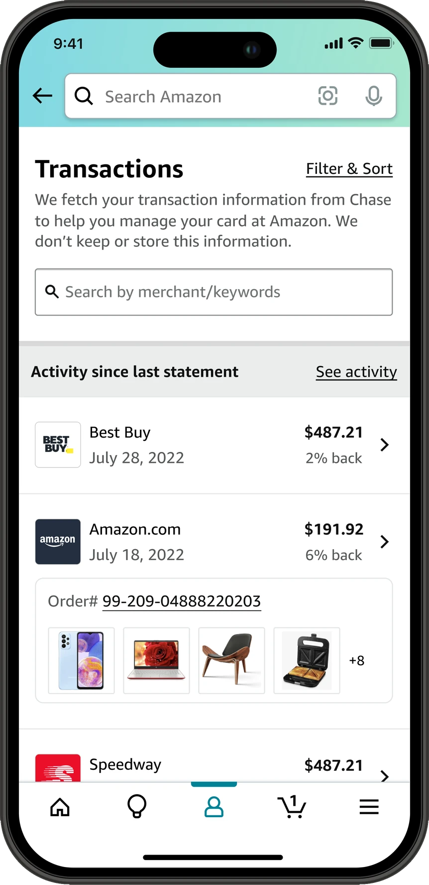 The transactions list at the third release, scrolled to Activity since last statement. A Best Buy row for 487 dollars 21 cents on July 28, 2022 reads 2 percent back under the amount, and an Amazon.com row for 191 dollars 92 cents on July 18, 2022 reads 6 percent back and opens out to an order number link with thumbnails of four items from that order and a plus 8 for the rest.