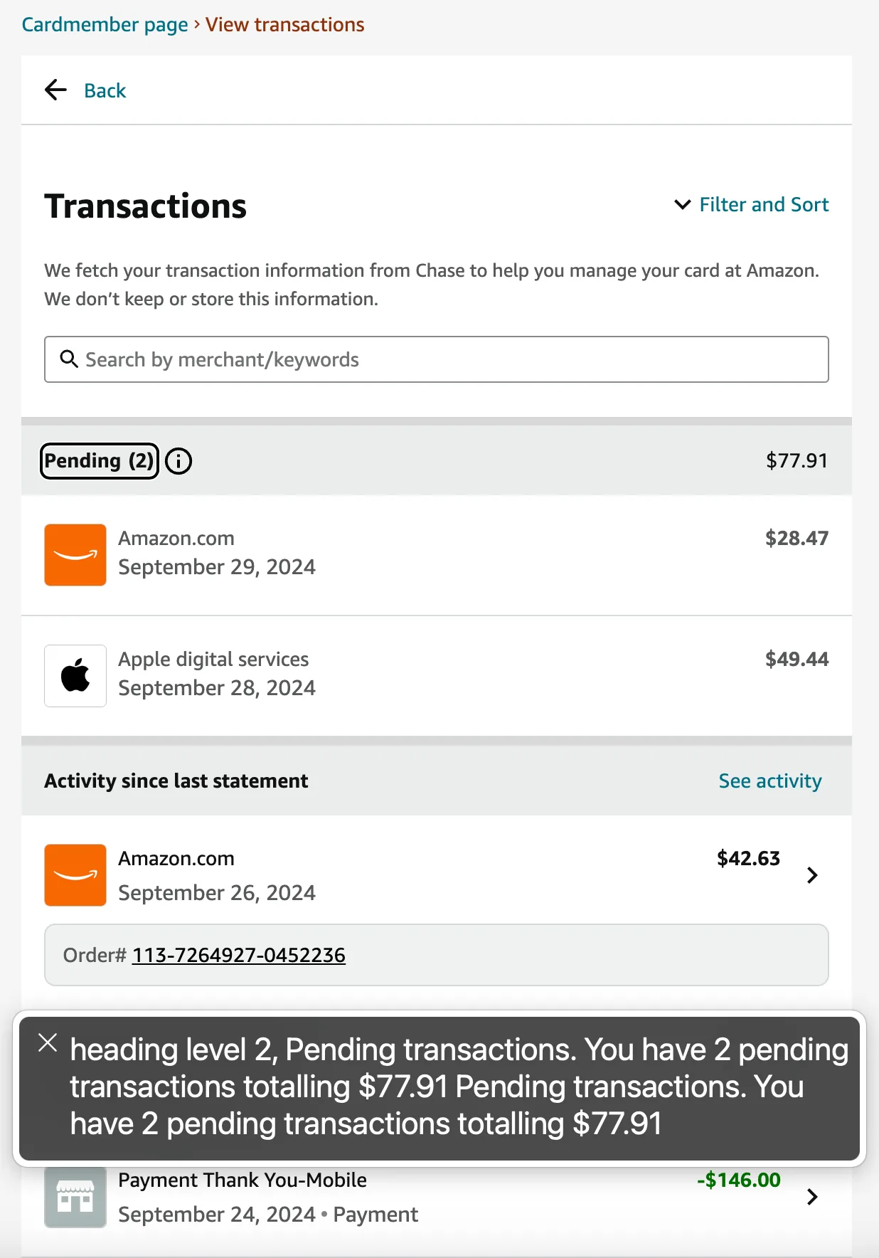 The shipped transactions page with the VoiceOver caption panel open across the bottom, reading: heading level 2, Pending transactions. You have 2 pending transactions totalling 77 dollars 91 cents.