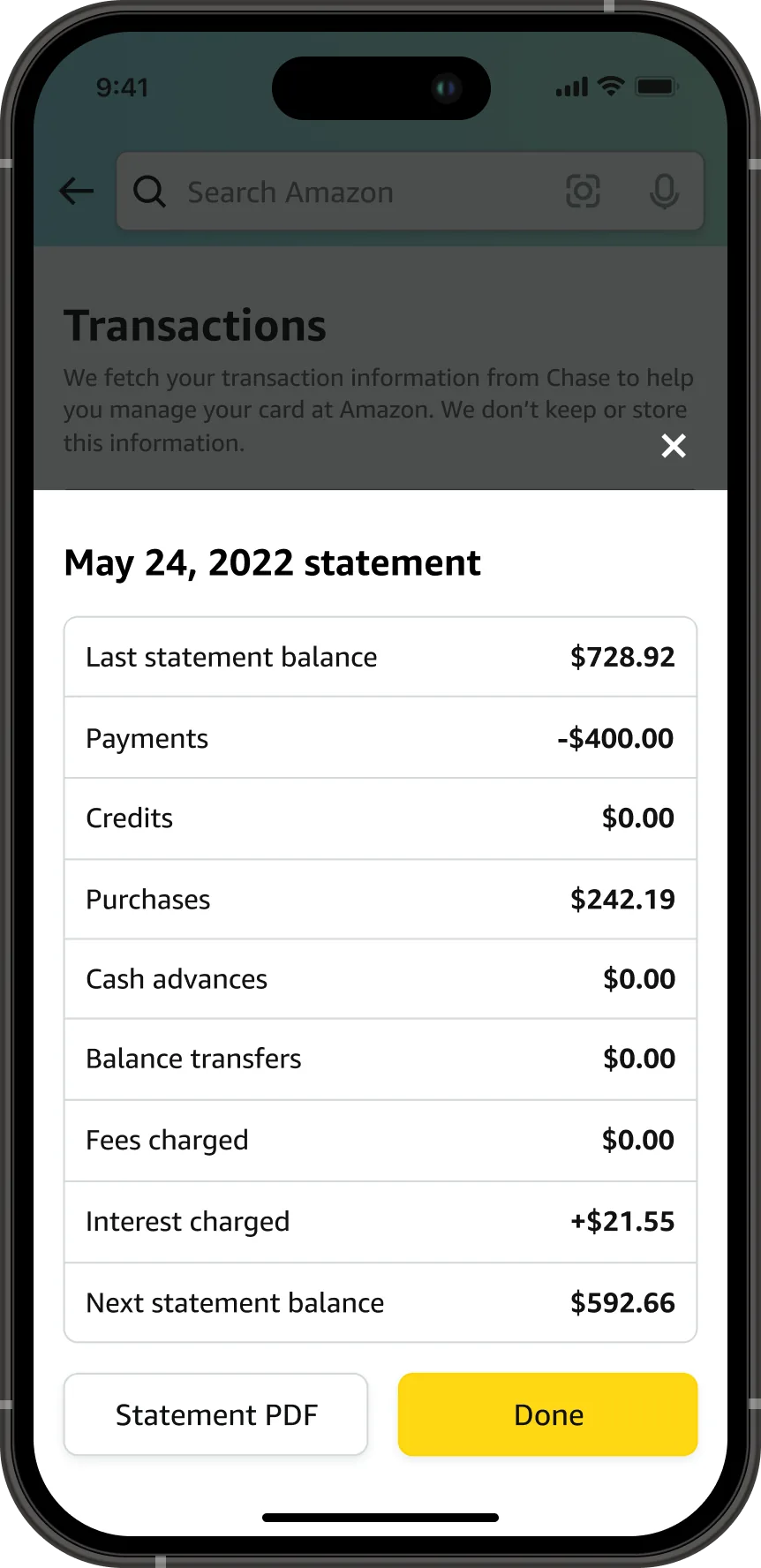 A statement summary sheet over the dimmed transactions list, headed May 24, 2022 statement, listing last statement balance, payments, credits, purchases, cash advances, balance transfers, fees charged, interest charged of 21 dollars 55 cents, and next statement balance, with a Statement PDF button beside a Done button.